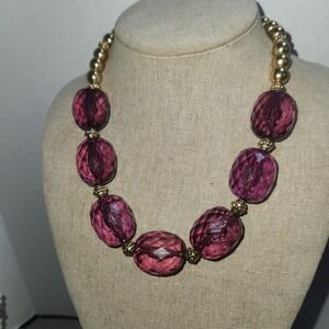 George Gold Tone Beaded Necklace Purple Faceted Statement Chunky 18 Inch